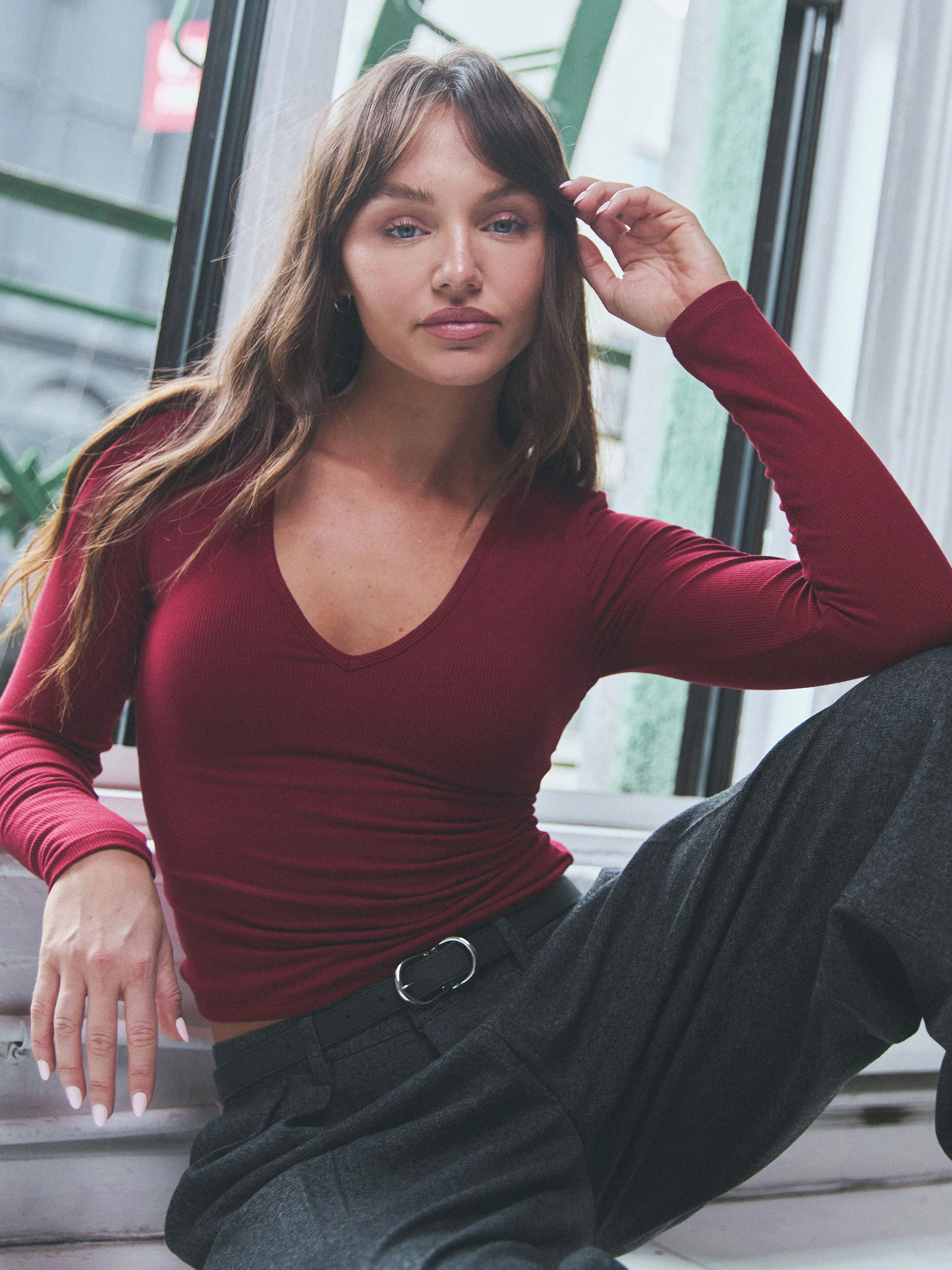 Braless Ribbed Deep V Long Sleeve - Image 4